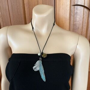 Elegant two Feather Pendant sliding cord knot Necklace